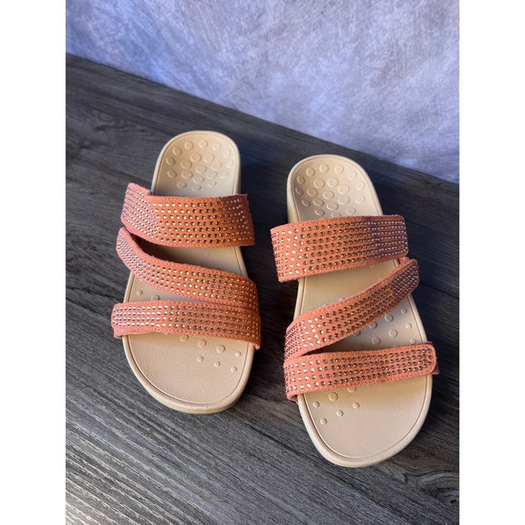 Vionic Shoes - Vionic Peach Rhinestone 3-strap Adjustable Slide Orthotic Sandals Women's Size